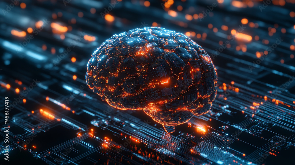 Poster futuristic ai brain wrapped in streams of glowing data, showcasing advanced technology and digital i