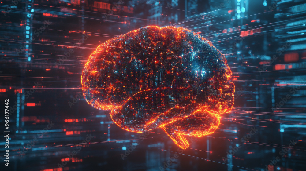 Poster futuristic ai brain glowing with streams of data, representing advanced technology and intelligence.