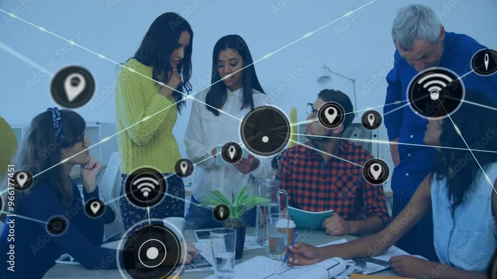 Poster animation of network of connections with icons over diverse colleagues discussing work