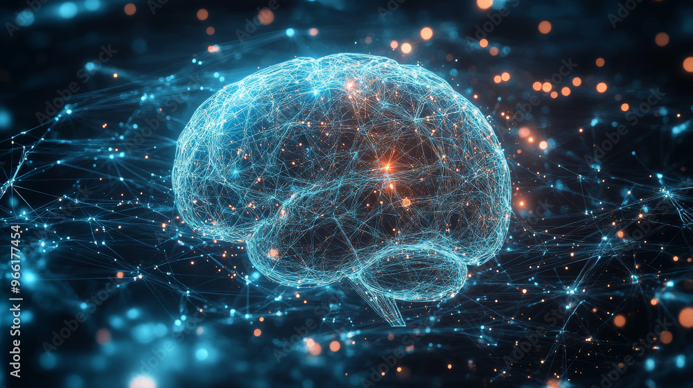 Poster futuristic ai brain glowing with streams of data, representing advanced technology and neural networ