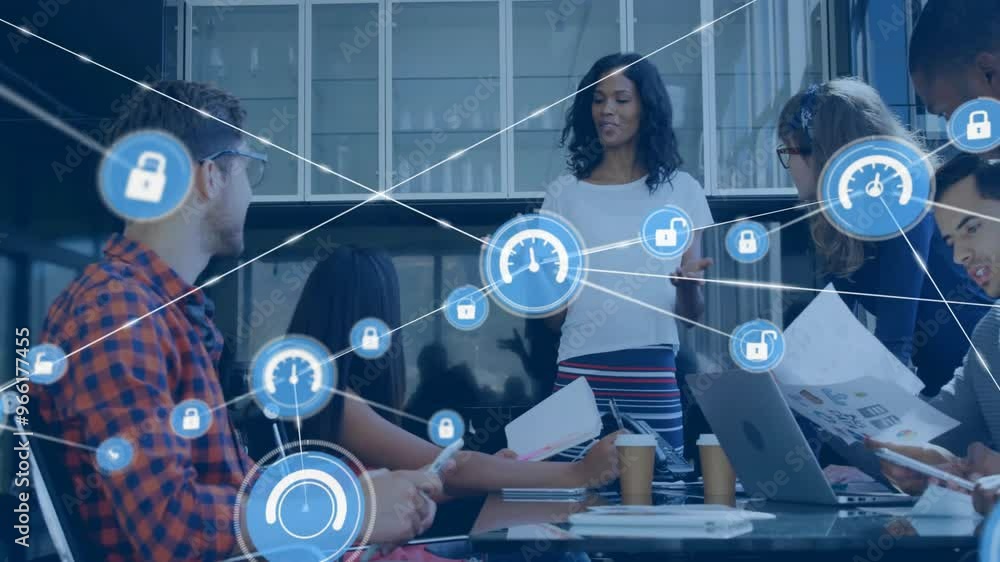 Poster animation of network of connections with icons over diverse colleagues discussing work