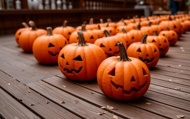 Orange pumpkins with carved faces on a wooden floor, a festive Halloween decoration. 
