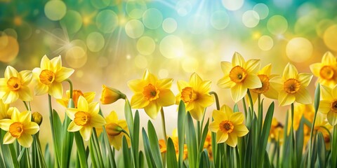 Daffodils Blooming in a Field of Sunshine, yellow flowers, green leaves, bokeh background, daffodils, spring, flowers