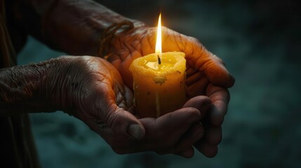serene closeup of hands cupping a single burning candle its warm glow illuminating weathered skin and creating a powerful chiaroscuro effect symbolizing hope and resilience