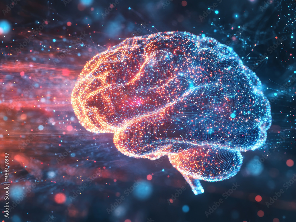 Poster a holographic brain with swirling data particles and algorithms represents fusion of technology and 