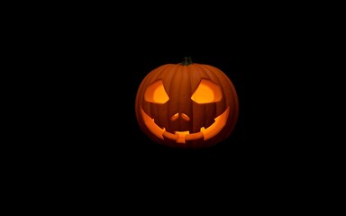 A glowing orange jack-o'-lantern against a dark background, perfect for spooky Halloween designs. 
