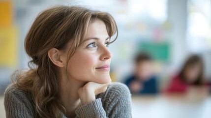 Dedicated Educator Engaging with Students in Side Profile on White Surface