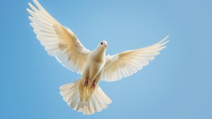 serene nature scene majestic white dove in midflight against a clear blue sky wings fully extended embodying peace and freedom with soft ethereal lighting enhancing its graceful form