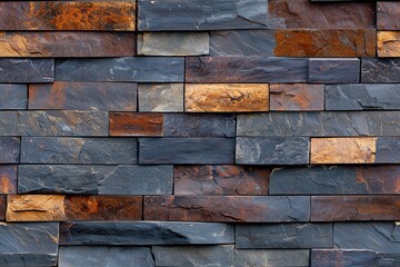 A textured stack stone cladding wall made of various slate stones in shades of gray, blue, and rust. The stones are arranged in a staggered pattern, showcasing their natural variations and colors.