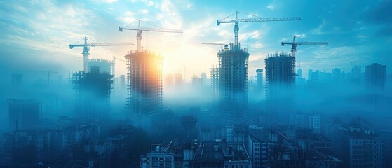 Obraz premium Blueprint of a construction site with cranes and a building in the background, double exposure, light blue color theme.