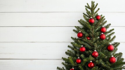 A Christmas fir tree adorned with red ornaments stands against a white plank wall, symbolizing holiday cheer, festive spirit, the magic of Christmas, and the joy of giving.