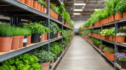 Fototapeta premium Warehouse filled with rows of potted plants, merging agriculture with industrial storage