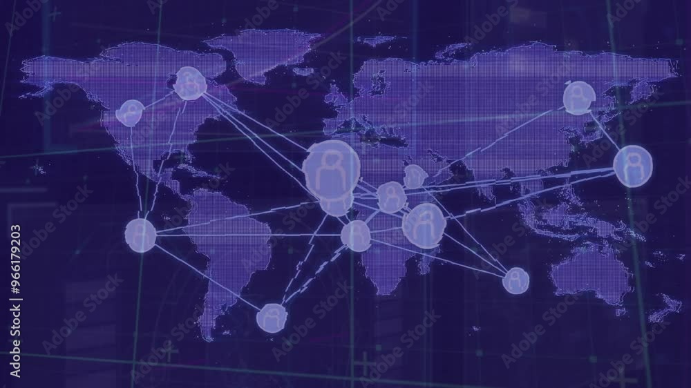 Poster animation of network of connections with icons over world map