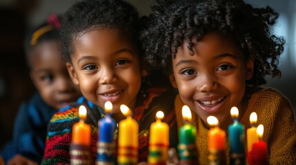 Joyful children assembling a Kwanzaa kinara with colorful candles, isolated on a deep, ebony background