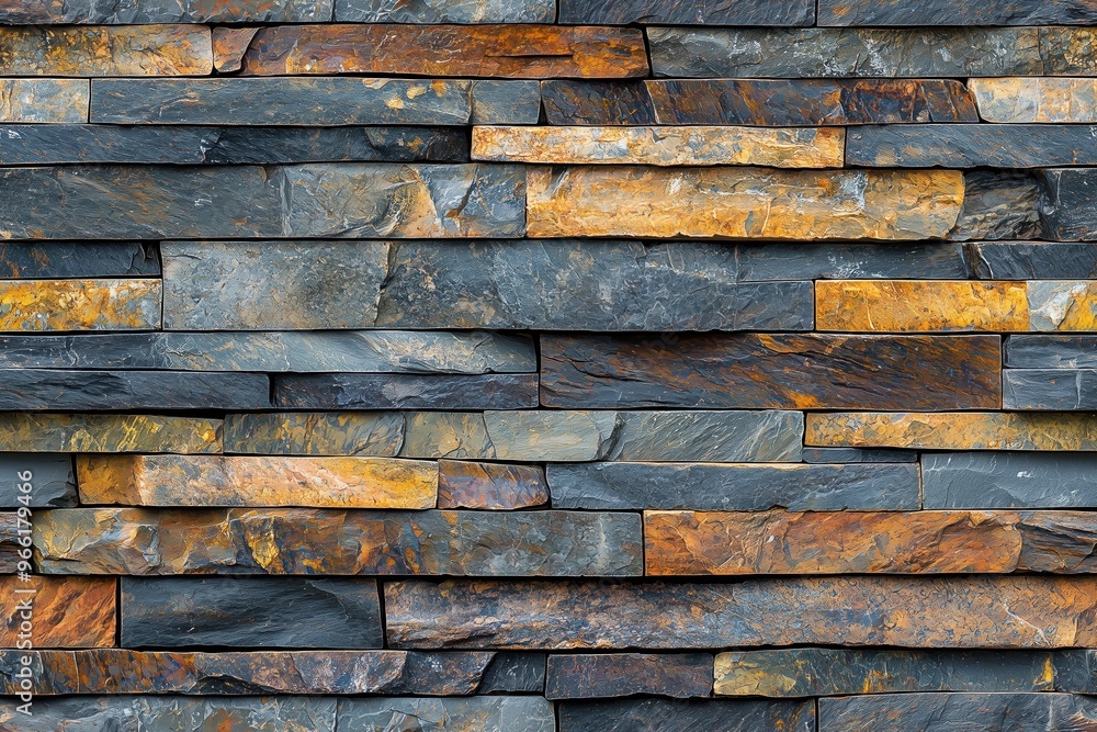 Poster a textured stack stone cladding wall made of stacked slate stones in various shades of gray and oran