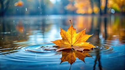 Tranquil autumn scene of single leaf floating on rainy water surface