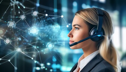 A focused businesswoman wearing a headset and looking intently at a digital network