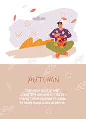 Autumn banner or card design with man collecting yellow leaves in forest and enjoying autumn weather, flat vector illustration. Seasonal banner or card template.
