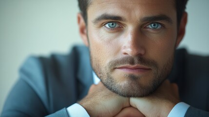 Medium shot of a determined leader, their chin resting on their hands as they make a critical decision, against a crisp, white backdrop
