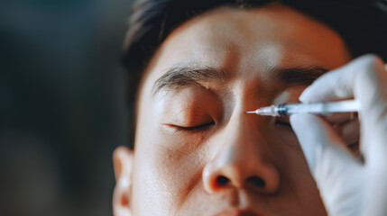 Obraz premium Close-up of Asian Man Receiving Beauty Facial skin injection on Forehead. Concept of Cosmetic Procedure, Anti-aging Treatment, Dermatology, Medical Aesthetics Clinic