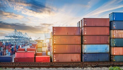 A freight train sits on a railway track in a cargo terminal, with containers stacked high on the train.