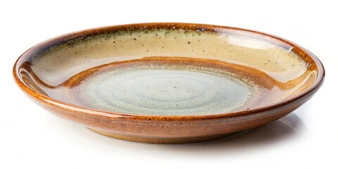 Empty Brown Glazed Ceramic Plate, isolated white background, rustic, tableware, pottery