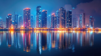 Obraz premium A dramatic cityscape with high-rise buildings lit up at night, their reflections shimmering on the calm river, creating a stunning and vibrant urban scene.