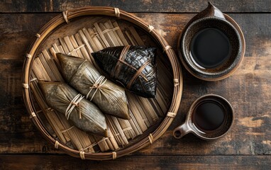 Fototapeta premium A traditional basket filled with wrapped rice dumplings and a small pot of dark liquid on a wooden surface.