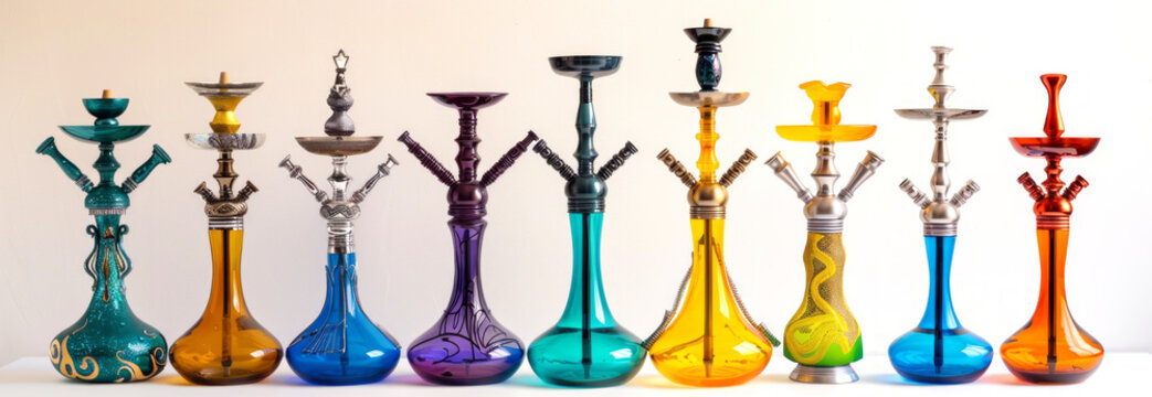 Array of Elegant Hookahs Displayed Against a Neutral Background. Concept of Smoking Devices, Decorative Glassware, Middle Eastern Culture, Ornate Pipe Collection. Banner
