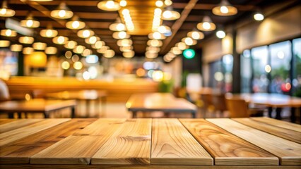 Empty wooden table in fast food restaurant setting with blurred background of bright lights, counter, and seating