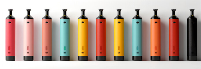 Bright colored sleek vapes aligned in a row isolated on a white background. Concept of e-cigarettes, modern design, vibrant colors, smoking devices. Banner