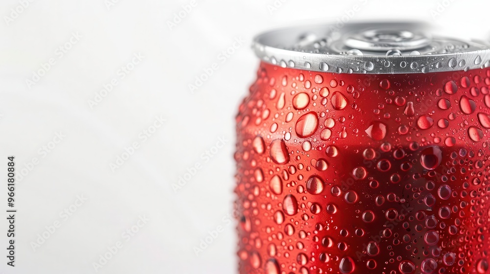 Wall mural sleek aluminum soda can with condensation droplets featuring a bold red design isolated against a pu