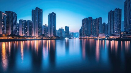 Naklejka premium A dramatic twilight shot of high-rise buildings along the river, with the sky transitioning to deep blue and city lights beginning to twinkle, reflected in the water.