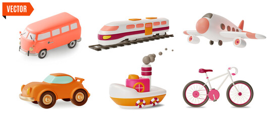 3d Travel and Tourism Transport Set Concept Cartoon Design Style Include of Car, Plane and Ship. Vector illustration
