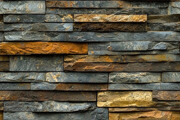 A textured stack stone cladding wall made of stacked slate stones in various shades of gray and brown, creating a natural and rustic appearance.
