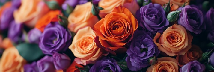 Naklejka premium A close-up image of a vibrant bouquet of orange and purple roses. The roses are arranged in a tight cluster, their petals overlapping and creating a beautiful pattern. The orange roses are a deep, ric