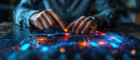 Obraz premium Businessman touching a glowing graph arrow pointing up and a growing line on a virtual screen, representing a business growth concept with copy space for text. 