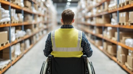 Warehouse worker in a wheelchair accessing high shelves, inclusive work environments in logistics