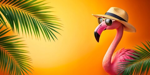 Flamingo in Sunglasses and a Straw Hat on a Yellow Background with Palm Leaves, 3D Render, Summer Vacation, Tropical, Flamingo