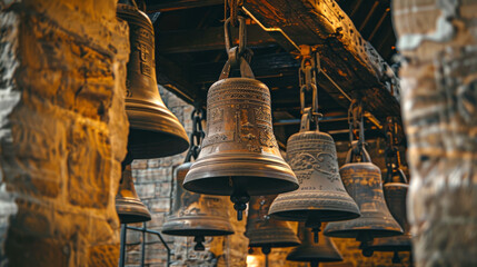 Obraz premium Row of Large Church Bells Hanging Indoors in Rustic Setting. Concept of Religious Instrument, Historic Architecture, Decorative Metalwork, Campanology
