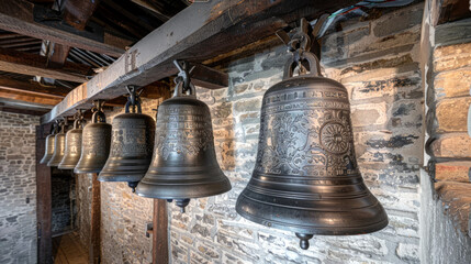 Obraz premium Row of Large Church Bells Hanging Indoors in Rustic Setting. Concept of Religious Instrument, Historic Architecture, Decorative Metalwork, Campanology