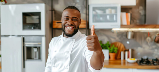 Smiling African American chef giving thumbs up in a modern kitchen. Concept of culinary arts, professional chef, positive attitude, gourmet cooking. Culinary blogs, cookbooks, promotional materials