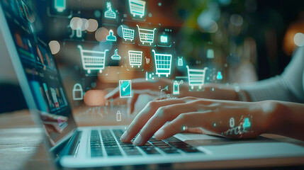 Modern E-Commerce Technology – Woman Using Laptops with Floating Shopping Cart Icons for Online Retail, Secure Transactions, and Digital Marketplace Solutions