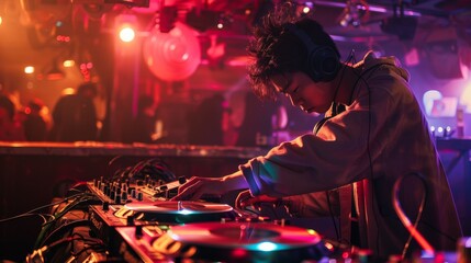 dj playing in a disco with neon lights