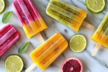 A row of colorful popsicles with lime slices on the side