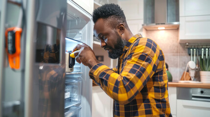 African American technician repairing refrigerator in modern kitchen with focus and precision. Concept of professional appliance repair, home maintenance, and skilled technical service