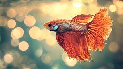 Fototapeta premium A dynamic image of a Betta fish with its fins fully spread, creating a striking visual effect in a clear tank with an elegant background of softly blurred aquatic elements.