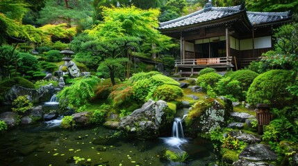 Serene Japanese Garden with a Tranquil Pond and a Waterfall