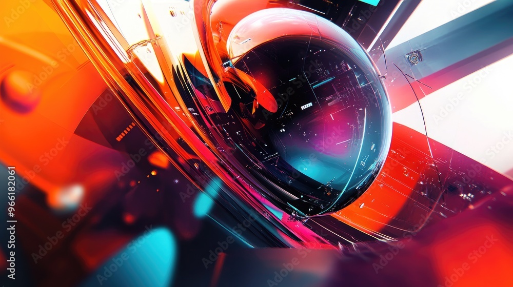 Poster a dynamic visual of abstract digital graphics and geometric shapes in bold colors, showcasing a high