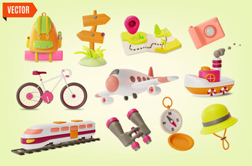 3d Travel and Tourism Icon Set Concept Include of Map, Camera and Backpack Cartoon Design Style. Vector illustration